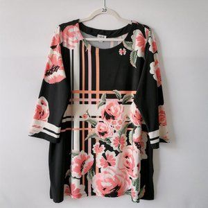 Avenue Womens Black 3/4 Sleeve Round Neck Floral Print Tunic Blouse Top Size 18
